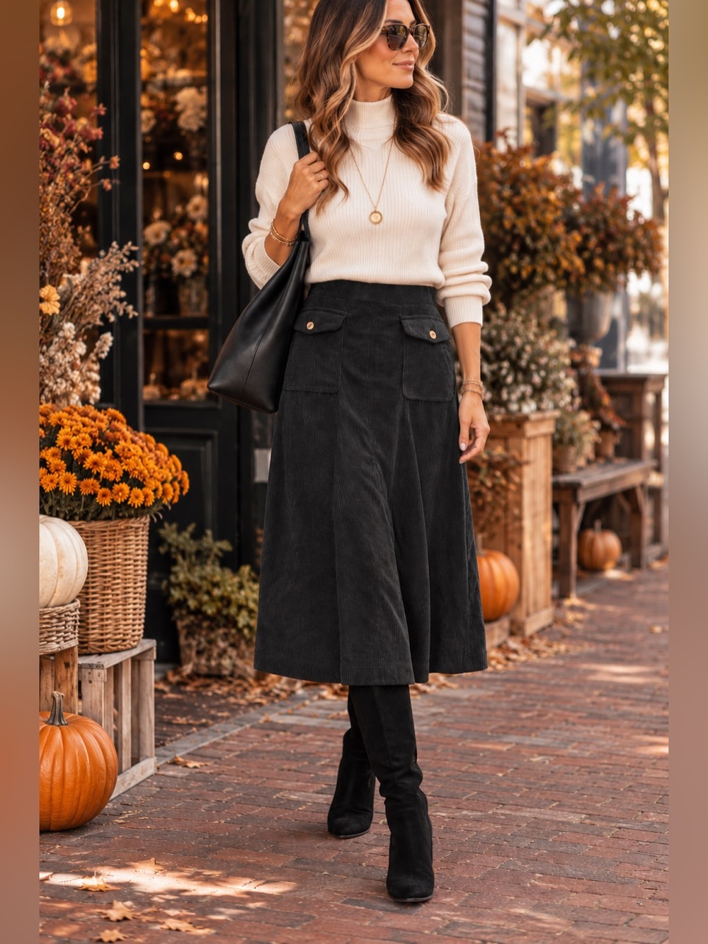 Halara Black Corduroy Paneled Midi Skirt Flap Pockets Size S